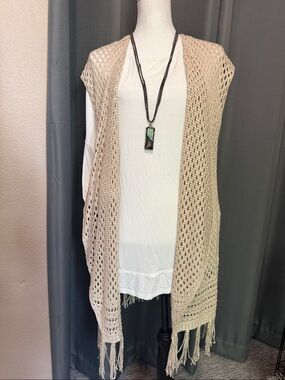 Artesia Open Crochet Fringe Kimono in Cream